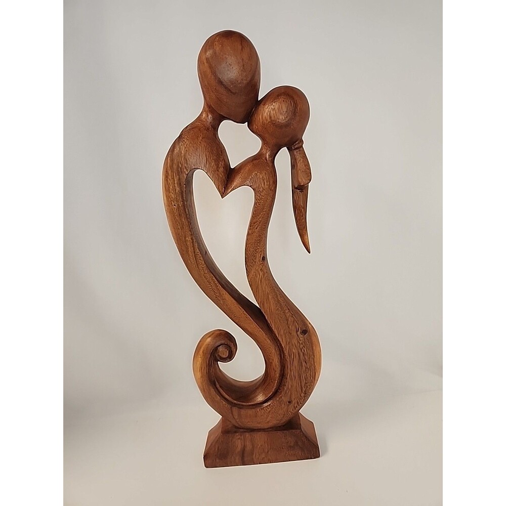 Wood Sculpture Carved Man & Woman Couple Called Everlasting Kiss 20" Love Heart